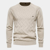 Men's knit sweater in light cream with diamond pattern and crew neck