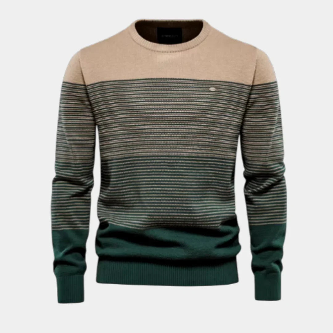 Men's striped crewneck sweater in tan, dark green, and black