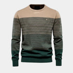 Men's striped crewneck sweater in tan, dark green, and black