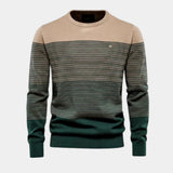 Men's striped crewneck sweater in tan, dark green, and black