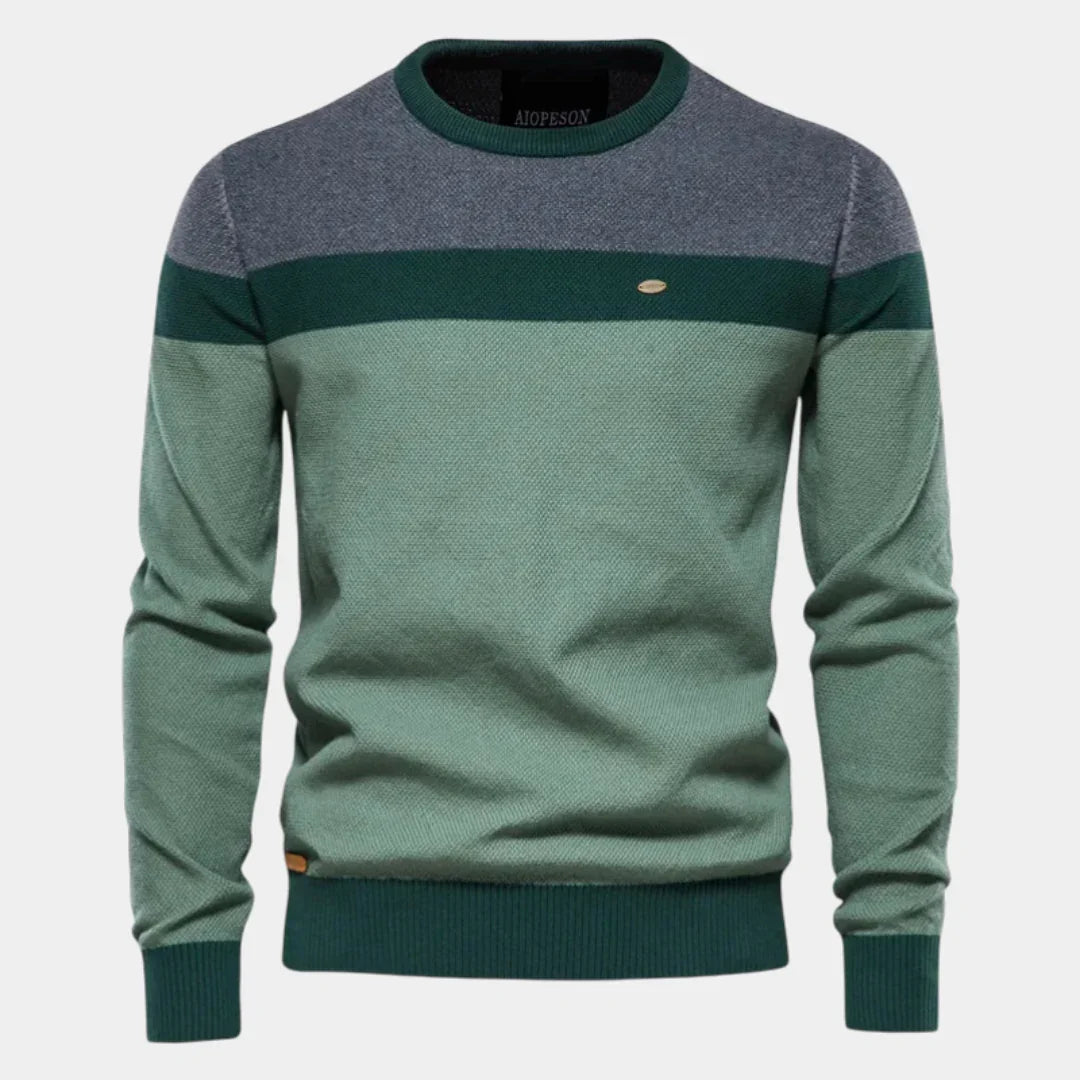 Men's crewneck sweater with green and heather-gray color blocks
