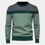 Men's crewneck sweater with green and heather-gray color blocks