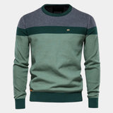 Men's crewneck sweater with green and heather-gray color blocks
