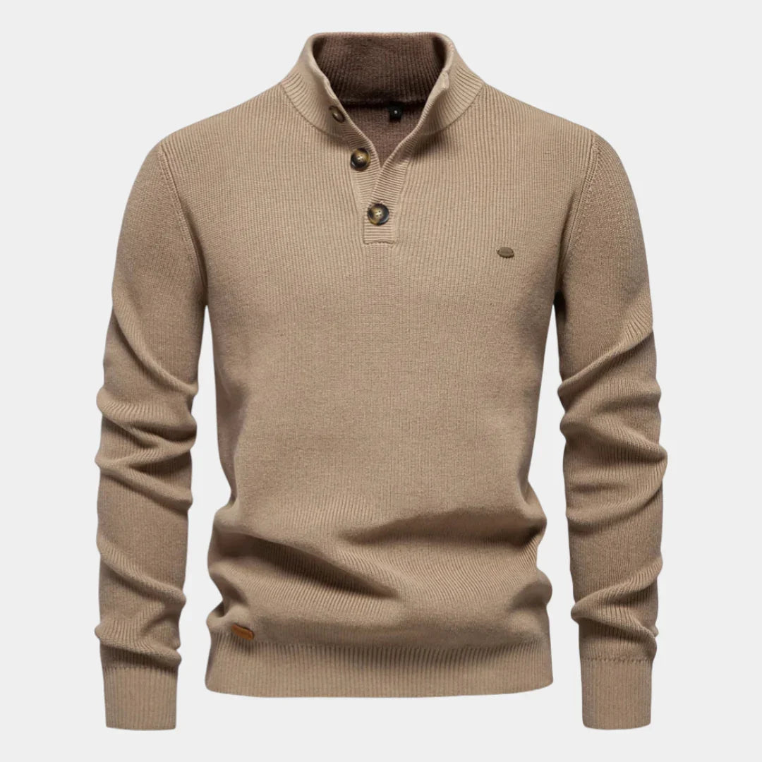 Men's knit sweater in khaki, henley-style button placket and long sleeves