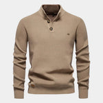 Men's knit sweater in khaki, henley-style button placket and long sleeves
