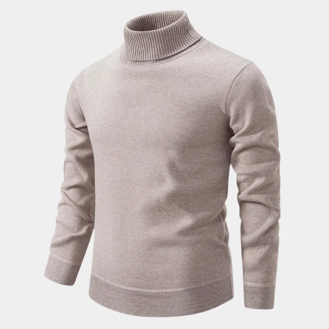 Beige/taupe turtleneck sweater with ribbed collar and cuffs, long sleeves