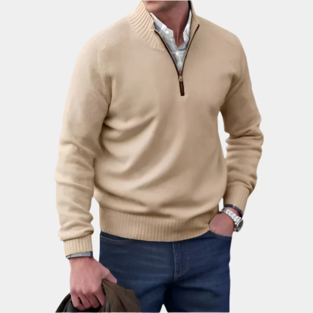 Khaki half-zip knit sweater with ribbed collar, cuffs, and hem.