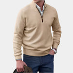 Khaki half-zip knit sweater with ribbed collar, cuffs, and hem.