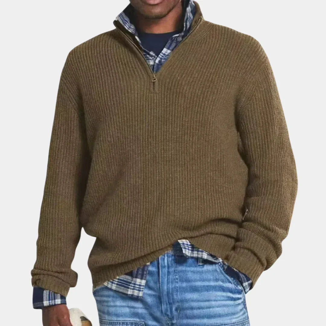 Khaki knit quarter-zip sweater with ribbed cuffs and hem.