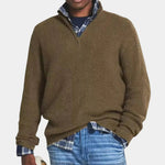 Khaki knit quarter-zip sweater with ribbed cuffs and hem.
