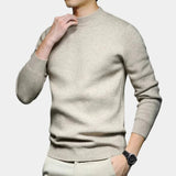 Ivory high-neck knit sweater with long sleeves and ribbed hem and cuffs.