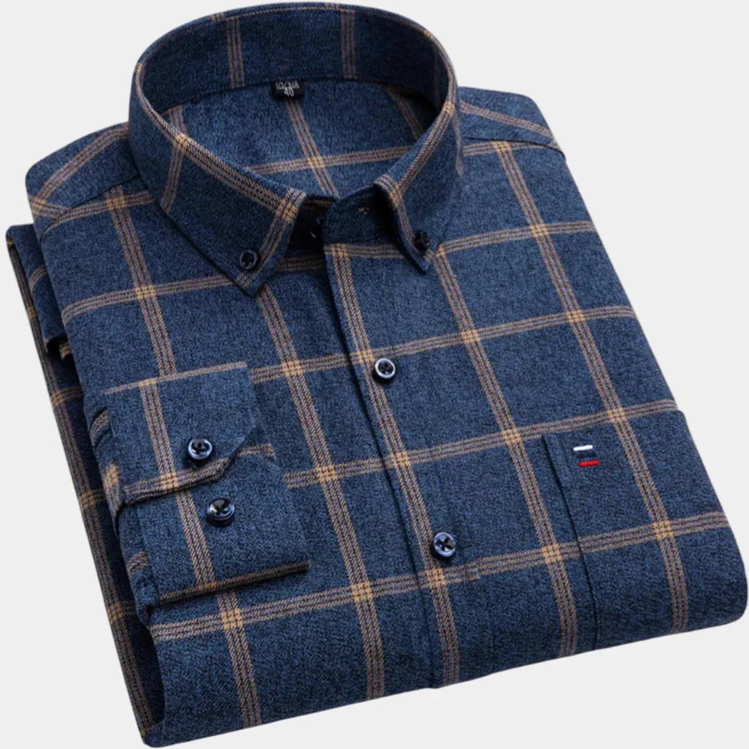 Navy classic checkered dress shirt with tan plaid, button-down collar, chest pocket.