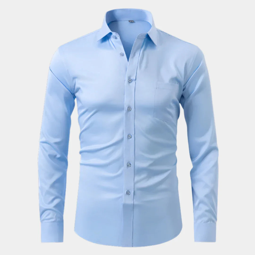 Light blue long-sleeve button-up shirt with spread collar and chest pocket