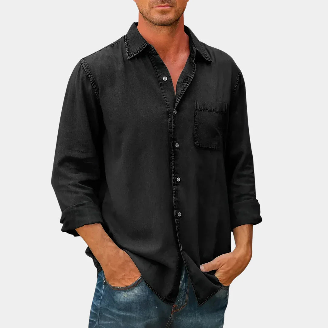 Black long-sleeve button-up shirt with chest pocket and classic collar