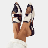 Catherine elegant mules, cream/brown/black patchwork pointed toe, low heel