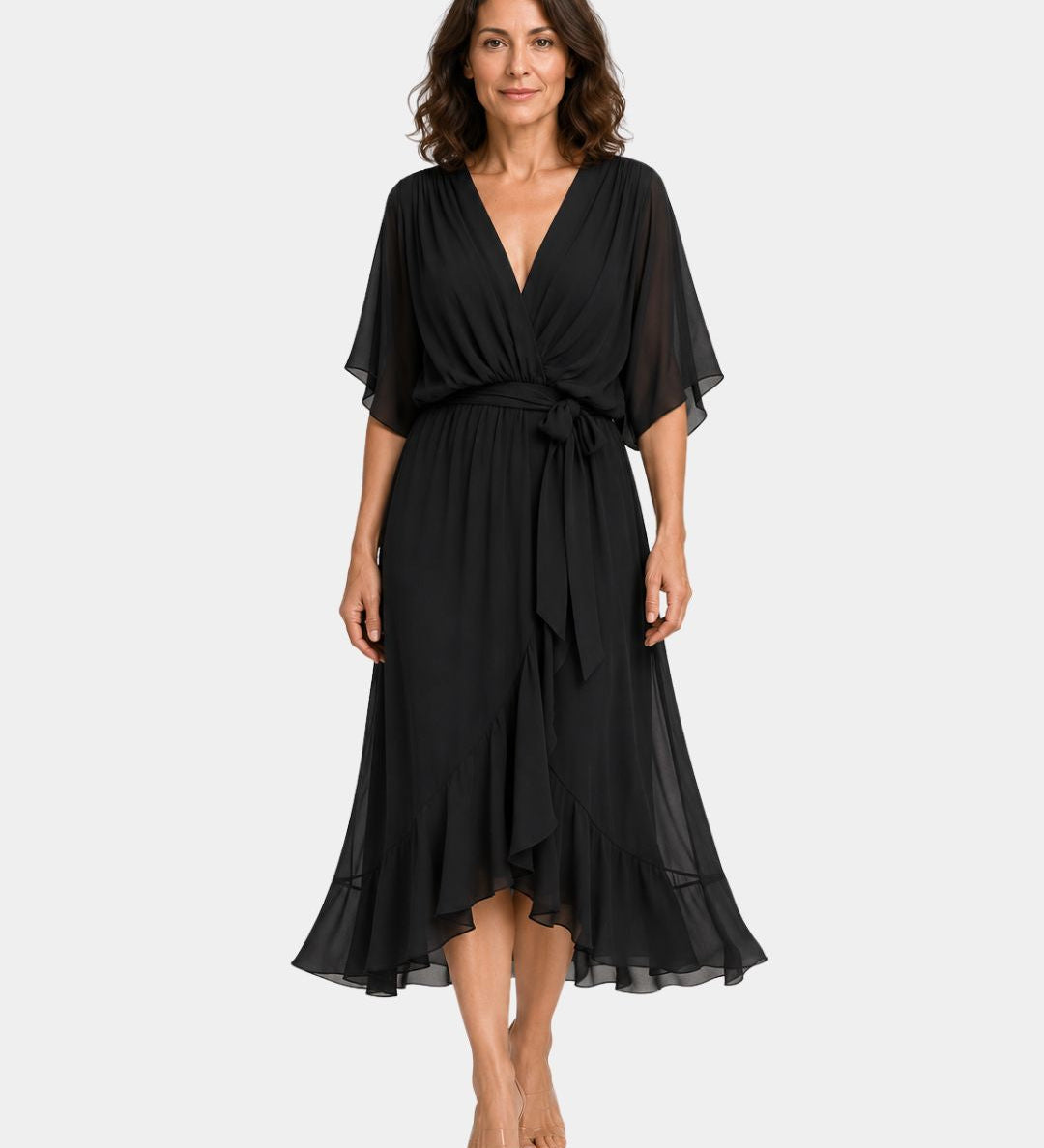 Black chiffon V-neck wrap dress with tie waist, flutter sleeves and layered midi hem