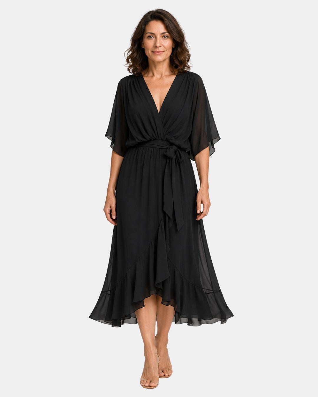 Black chiffon V-neck wrap dress with tie waist, flutter sleeves and layered midi hem