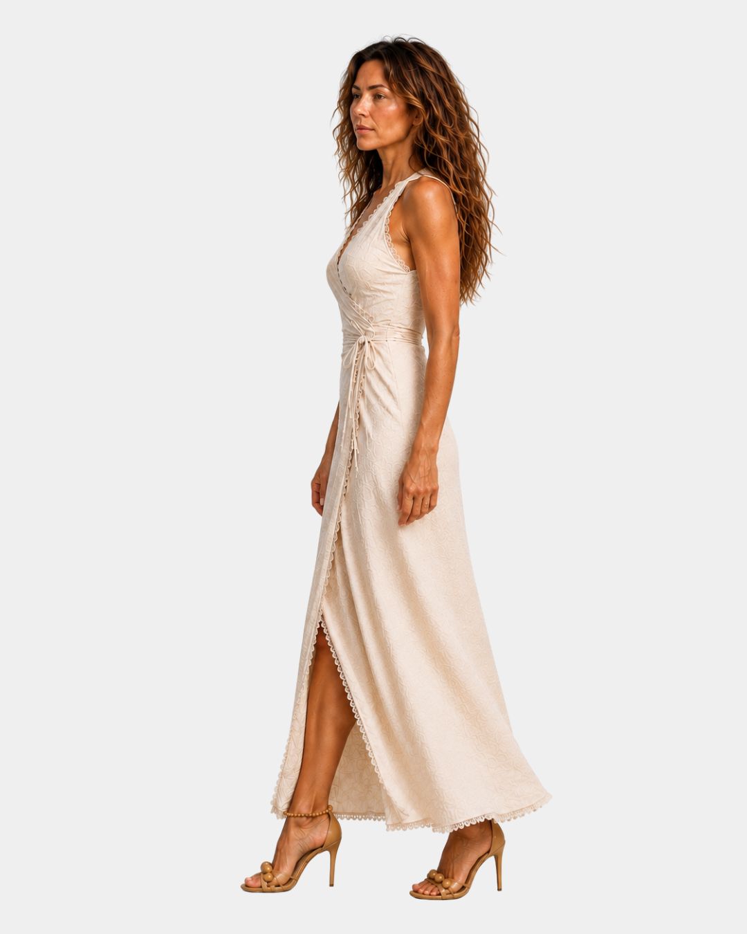 Beige midi dress with cross neckline, ruched bodice and draped side slit