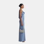 Women's blue satin maxi dress side view, sleeveless with cowl neckline