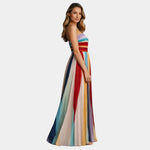 Rainbow striped maxi dress, side view, bandeau bodice and full skirt