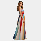 Rainbow striped maxi dress, side view, bandeau bodice and full skirt