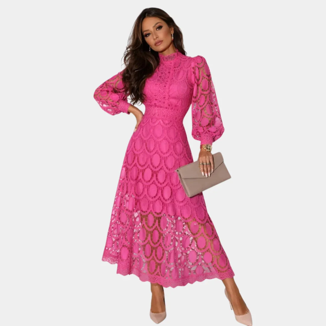 Pink delicate lace midi dress with long puff sleeves and high neckline