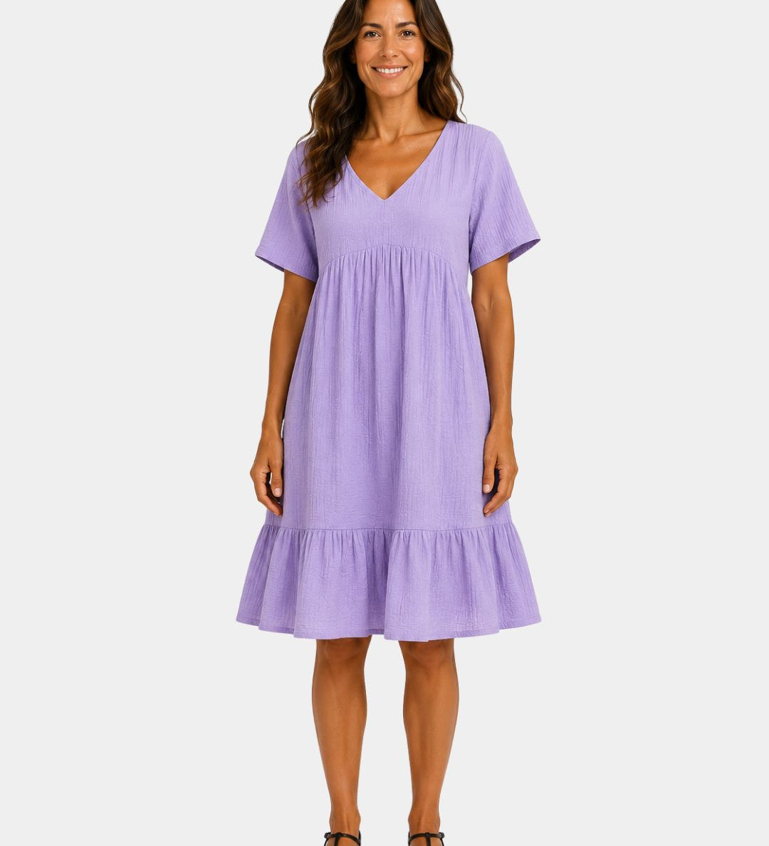 Purple textured V-neck midi dress with short sleeves and tiered skirt