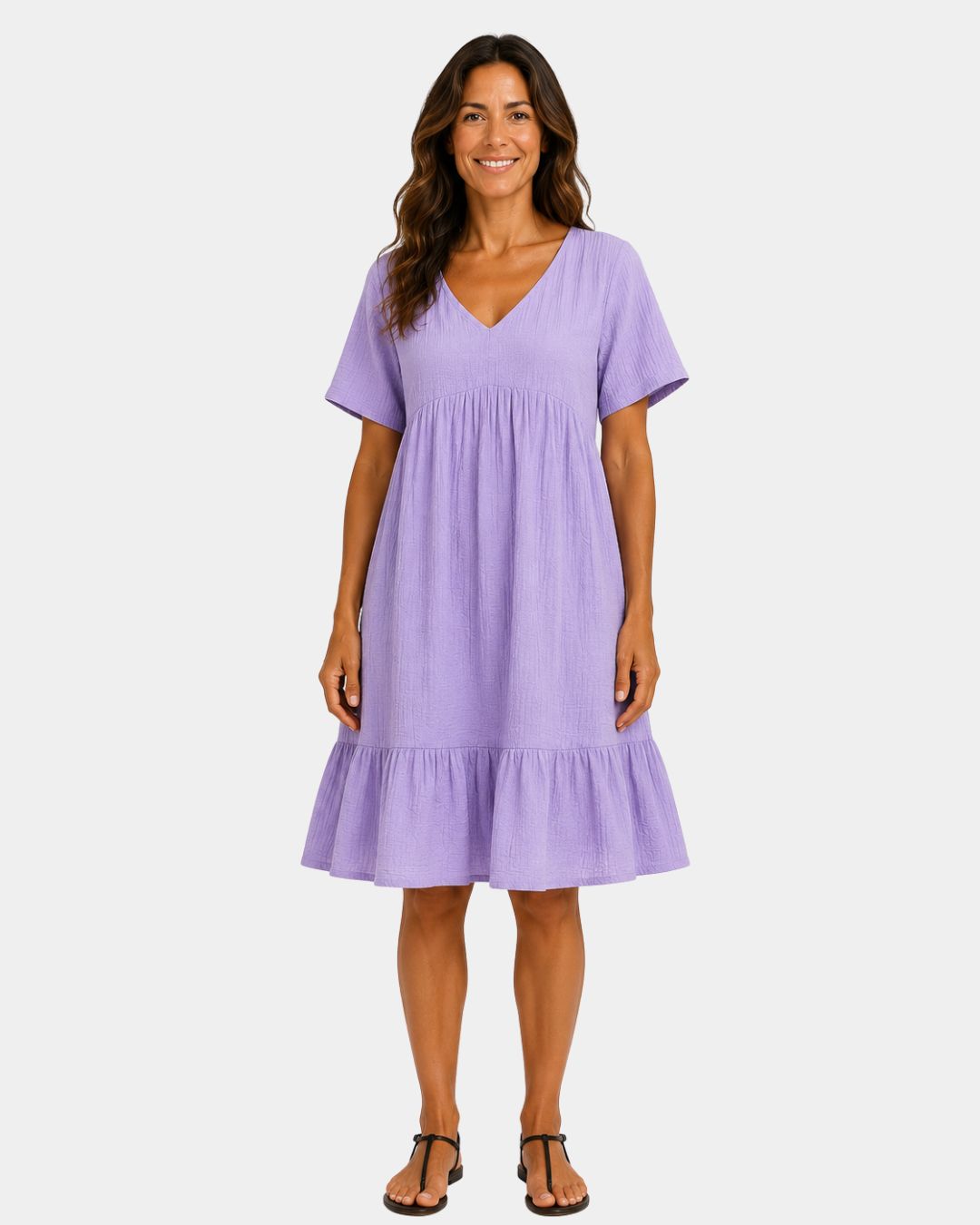 Purple textured V-neck midi dress with short sleeves and tiered skirt