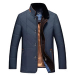 Navy quilted winter jacket with button front, brown-trim collar, and plaid lining