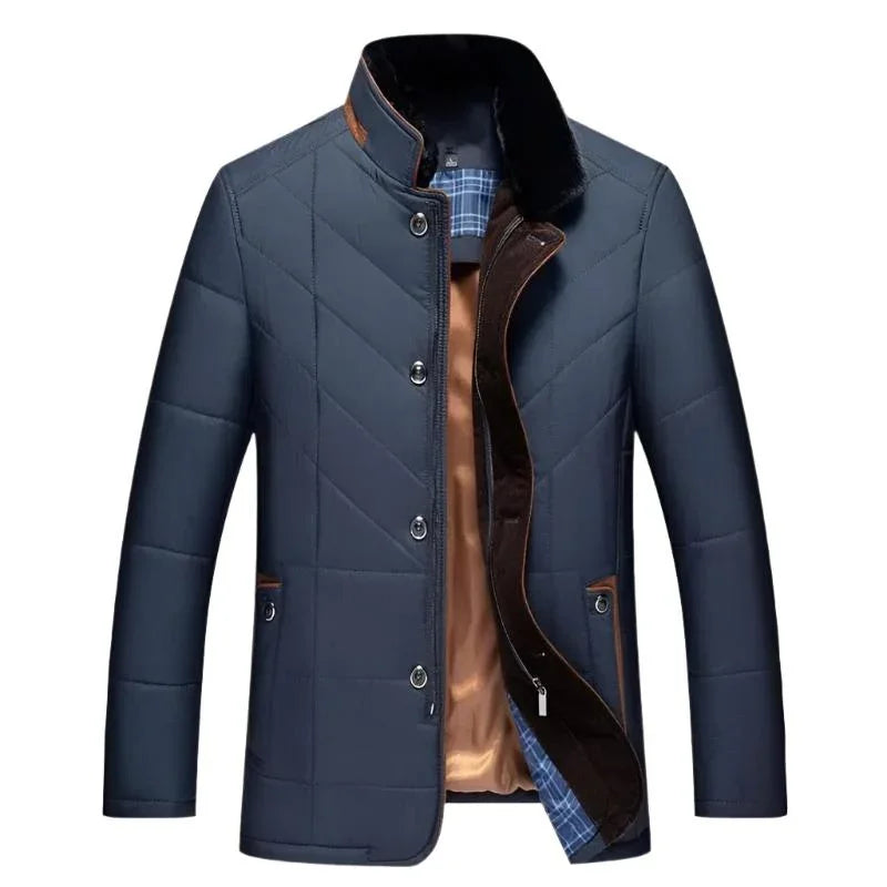Navy quilted winter jacket with button front, brown-trim collar, and plaid lining