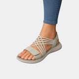 Light gray-beige knit orthopedic sandals with open toe and hook-and-loop strap