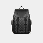 Black leather backpack with top flap, front buckles, and side storage pockets