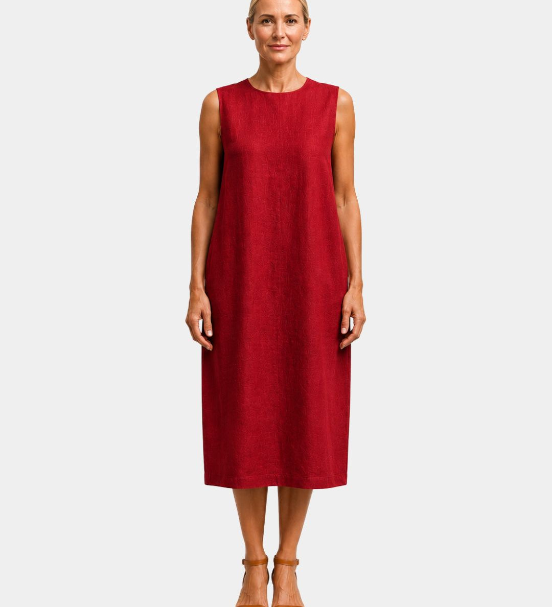 Sleeveless red midi dress with round neckline and straight hem