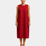 Sleeveless red midi dress with round neckline and straight hem