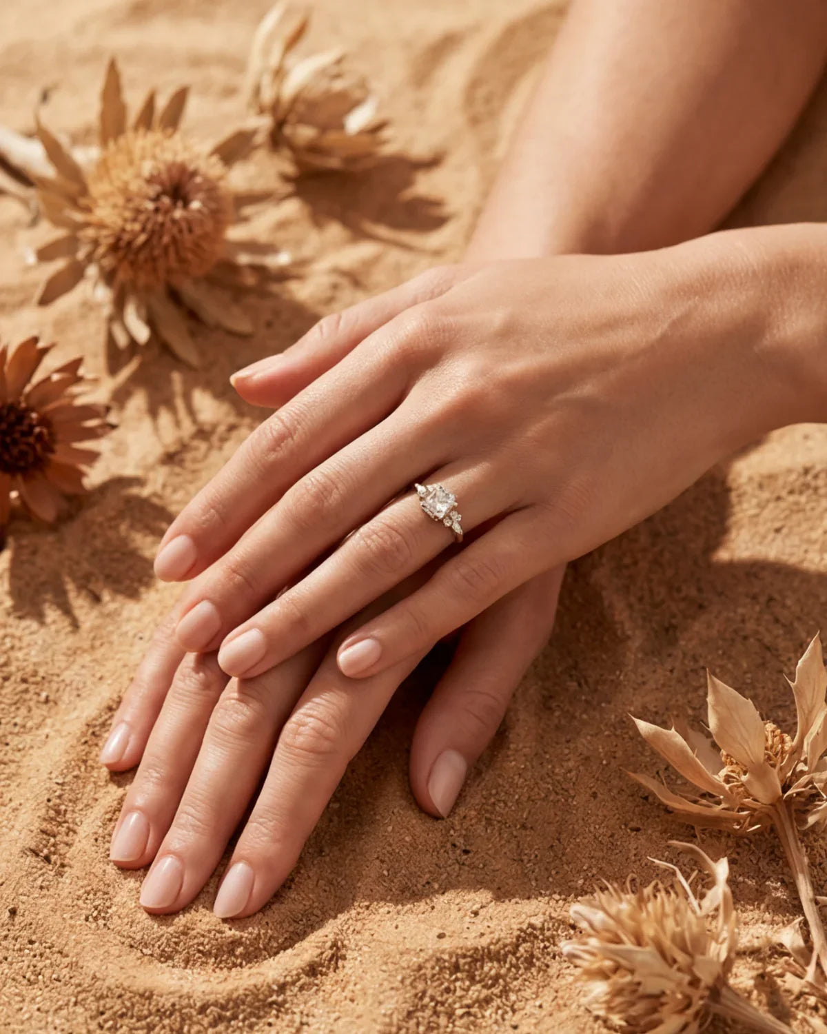 Gold ring with clear cluster stone on finger, hands resting on sand