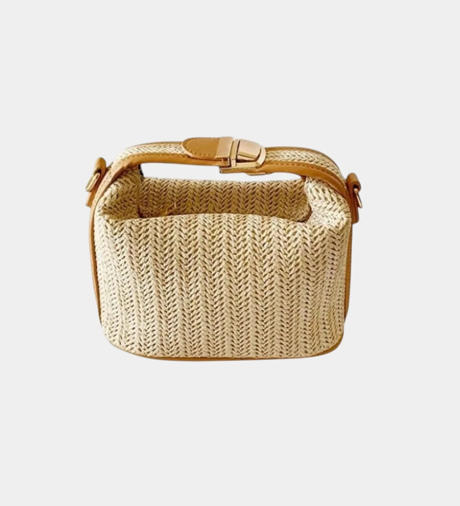 Beige knit style mini bag with top handle and buckle closure