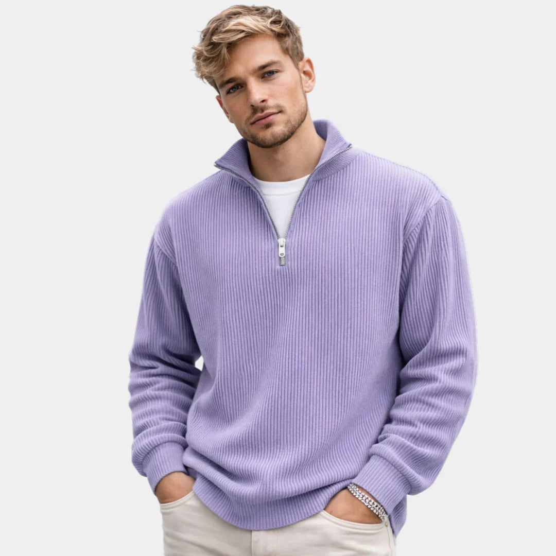 Purple ribbed quarter-zip sweater with long sleeves and metal half-zip opening