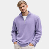 Purple ribbed quarter-zip sweater with long sleeves and metal half-zip opening