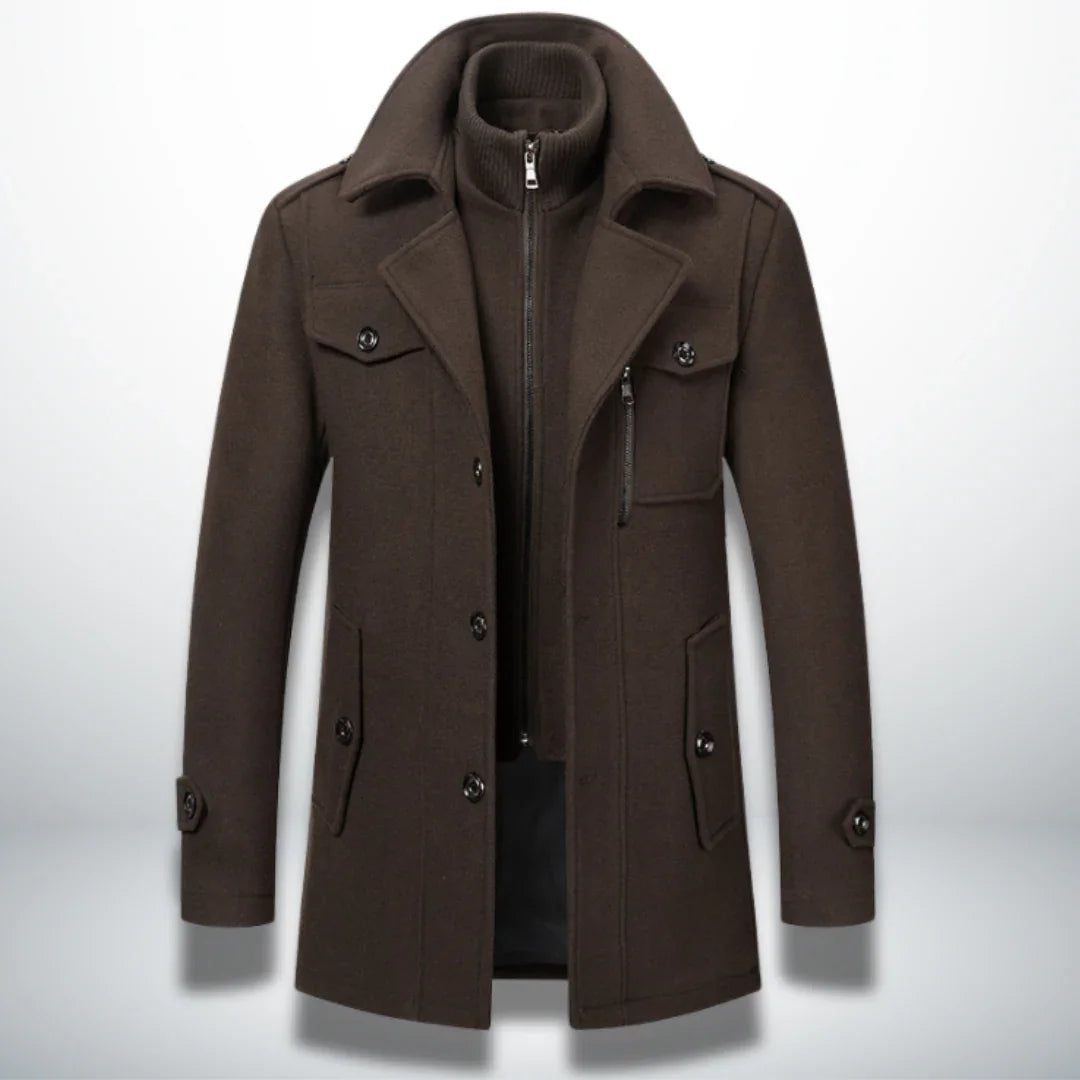 Brown winter coat with stand collar, zip front, and flap pockets.