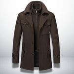 Brown winter coat with stand collar, zip front, and flap pockets.