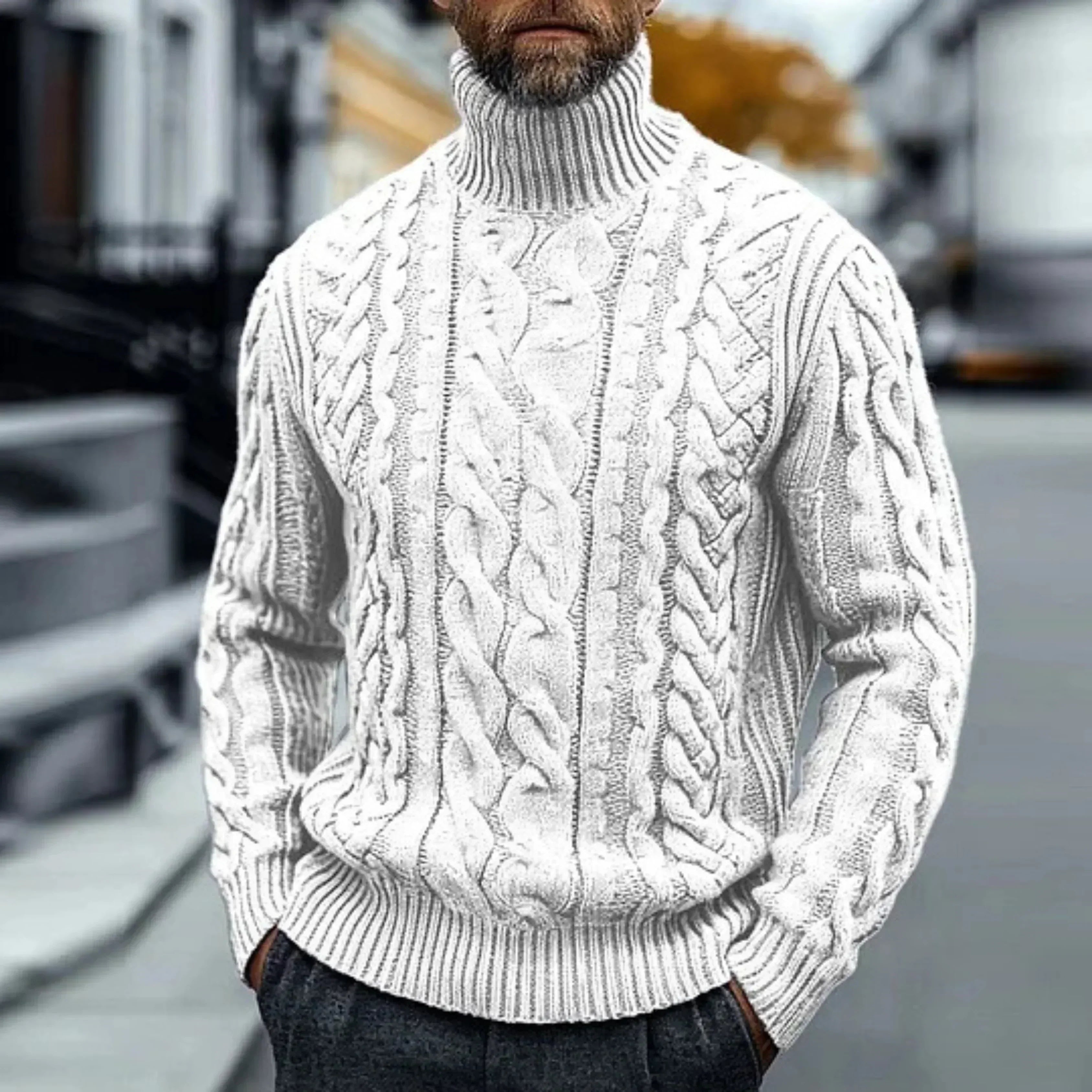 White cable knit turtleneck sweater with twisted braided pattern, ribbed collar and cuffs.