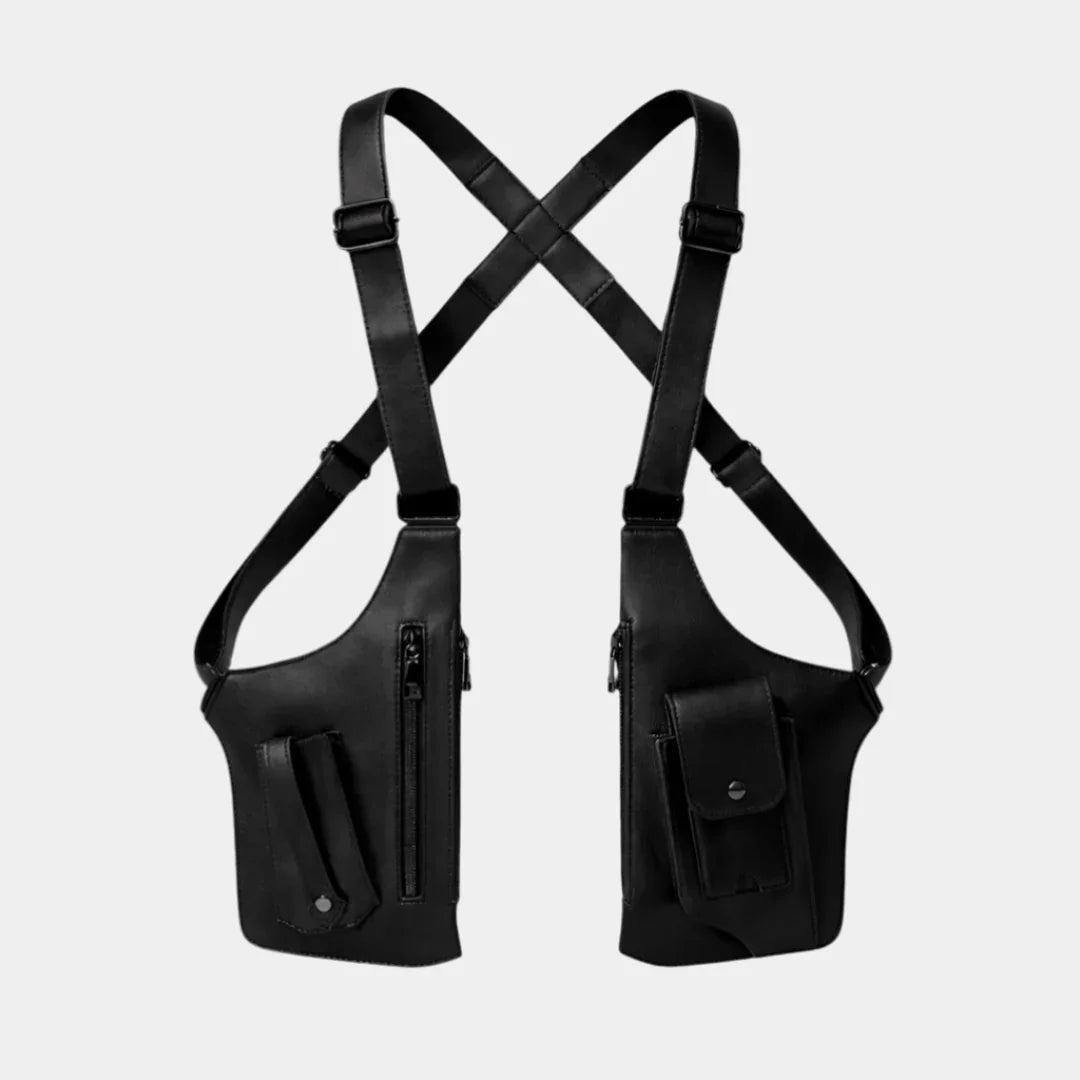 Black tactical crossbody wallet, front view with side zip pocket and flap