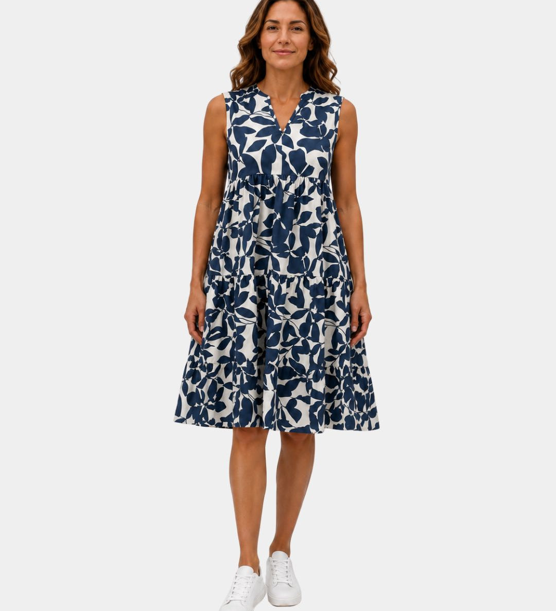 Blue sleeveless V-neck leaf-print dress with tiered ruffle skirt