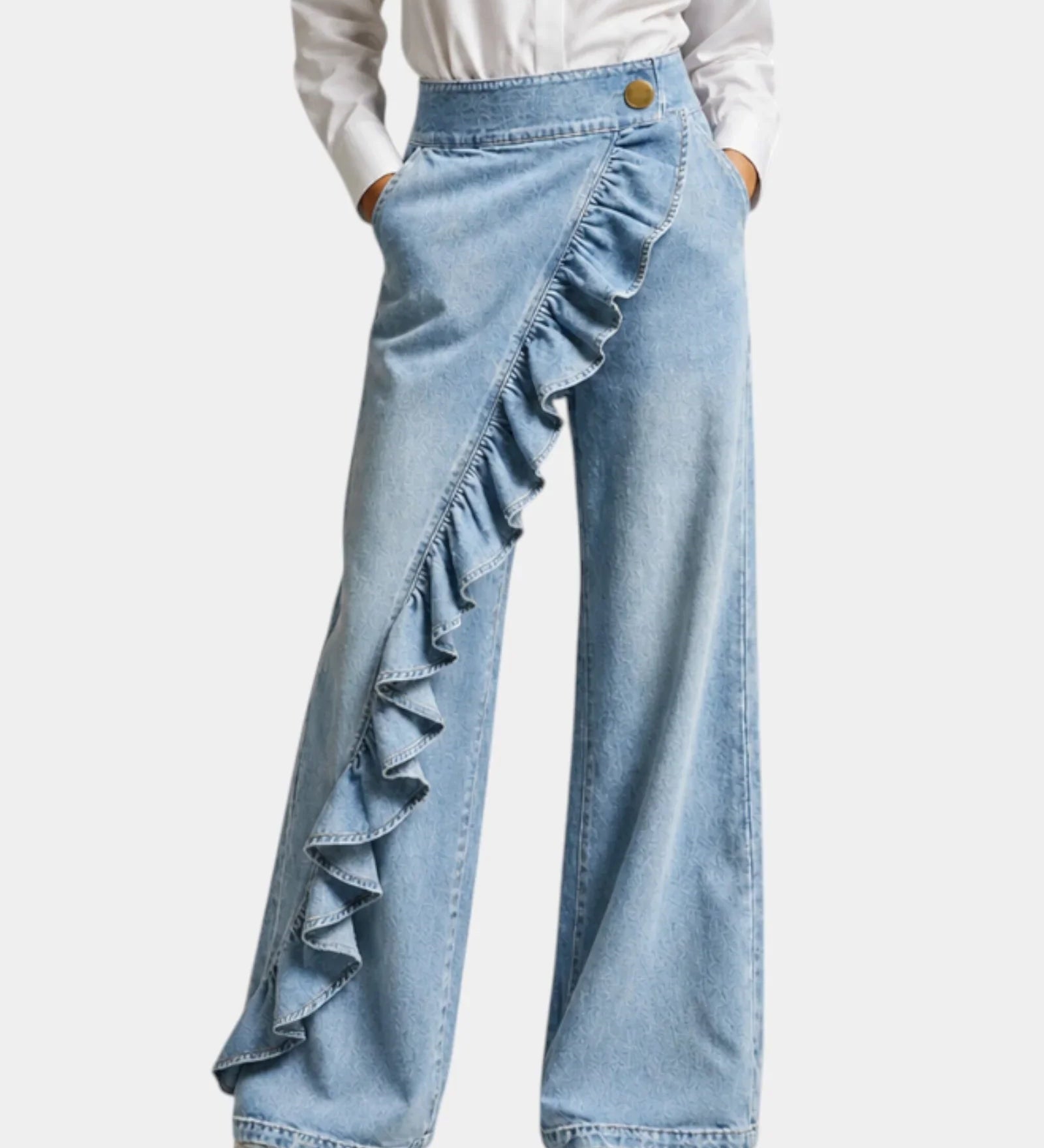 Light blue ruffle-front wide-leg denim pants with scalloped ruffle detail