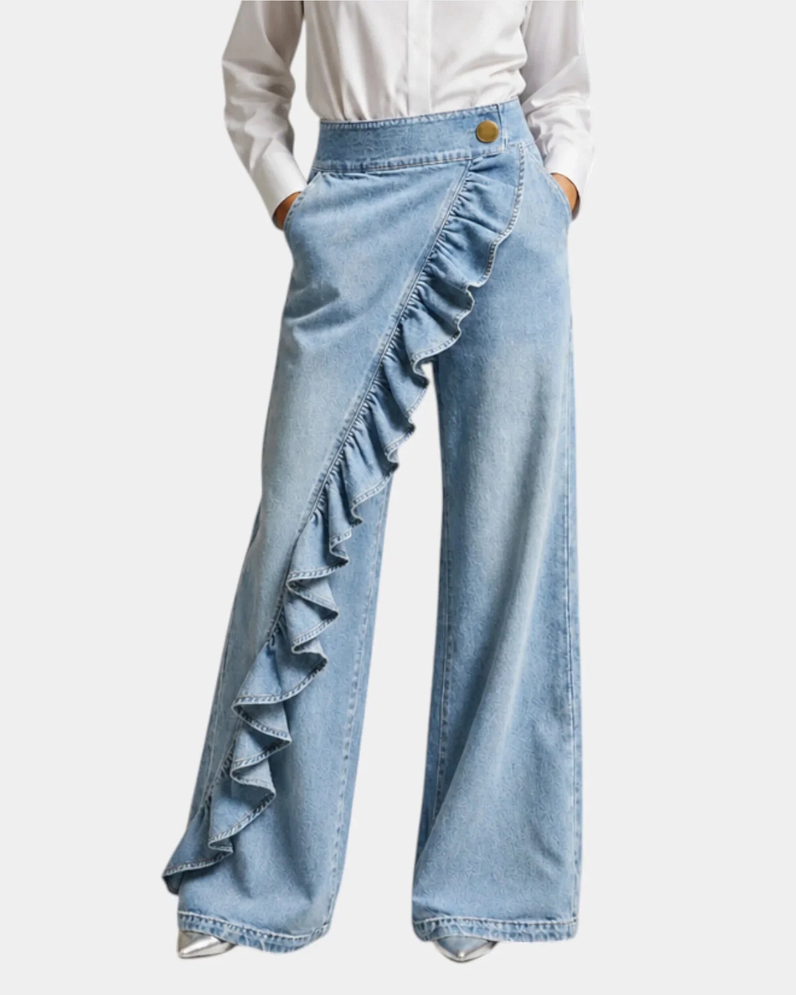 Light blue ruffle-front wide-leg denim pants with scalloped ruffle detail