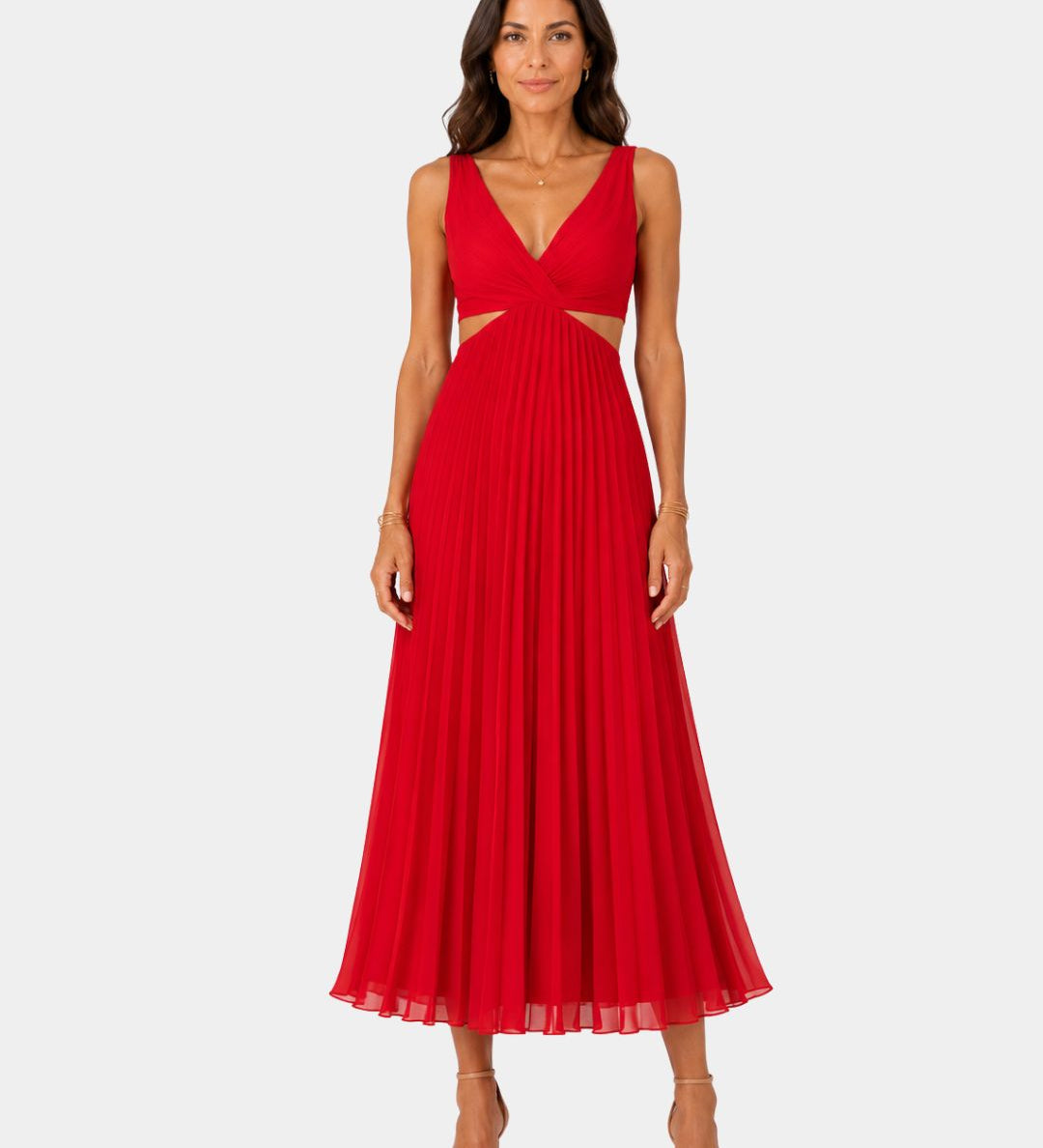 Red sleeveless V-neck long dress with pleated skirt and fitted waist seam