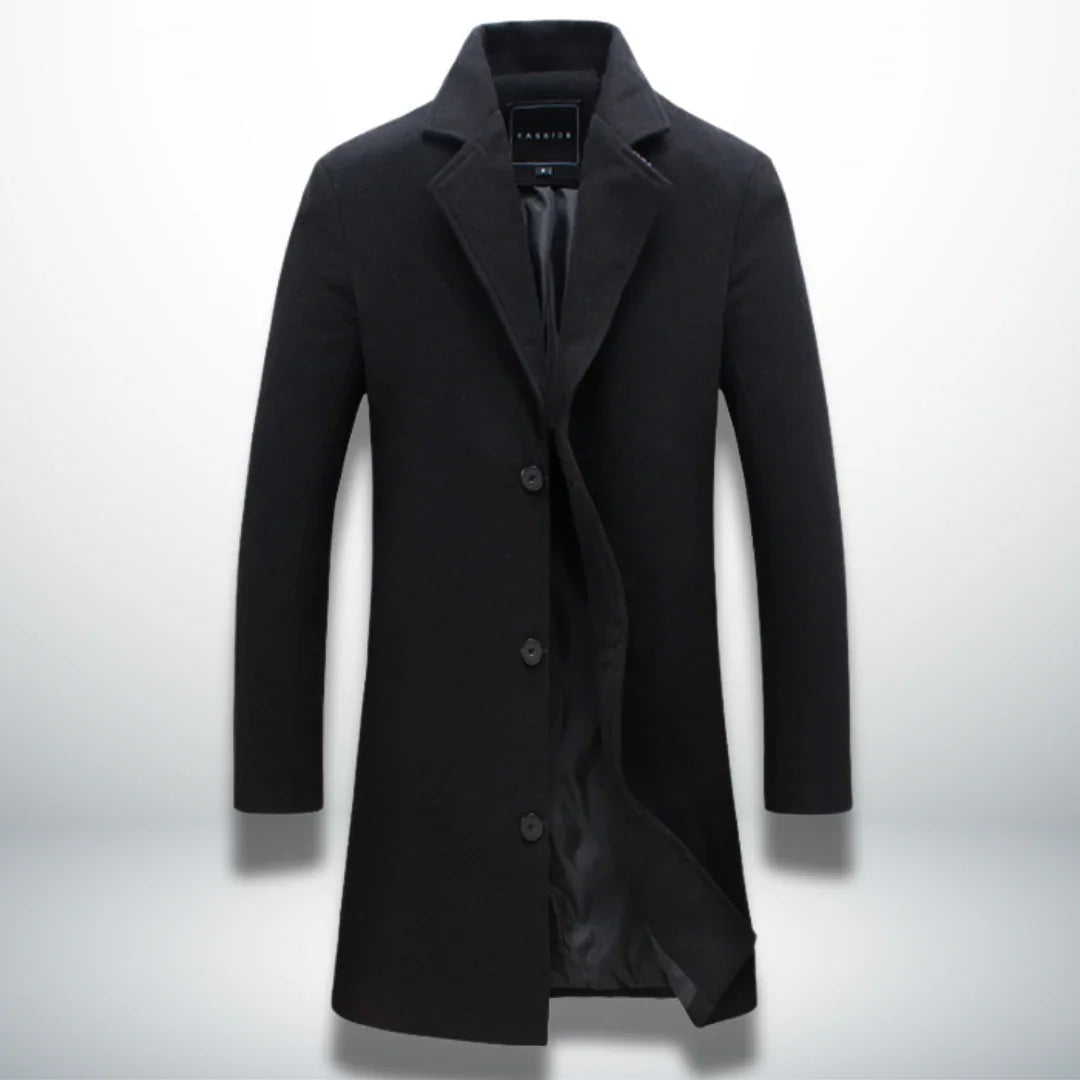 Men's dark navy single-breasted coat with notched lapels and four-button front