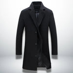 Men's dark navy single-breasted coat with notched lapels and four-button front