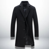 Men's dark navy single-breasted coat with notched lapels and four-button front