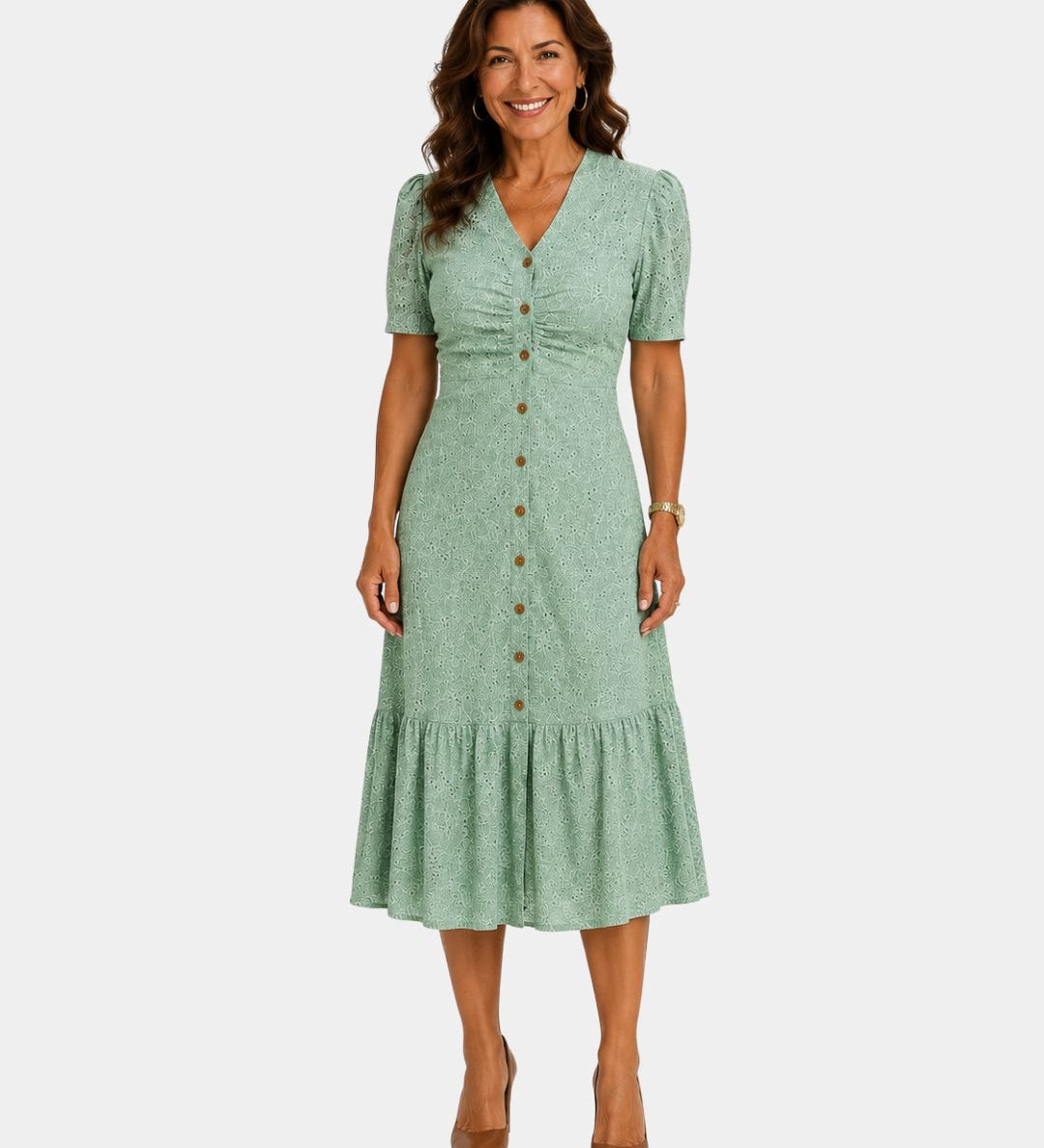 Lightweight shirt dress in light green, short sleeves, button front, tiered skirt hem.